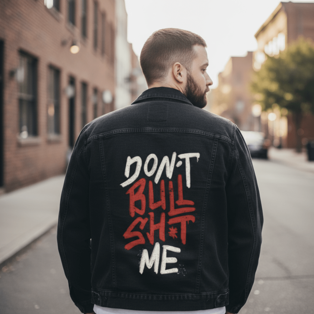 DON'T BULLSHIT ME, by TOBE FONSECA, printed on denim jackets and other denim products: tote bags, throw pillows, table place mats, aprons
