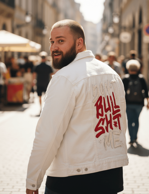 DON'T BULLSHIT ME, by TOBE FONSECA, printed on denim jackets and other denim products: tote bags, throw pillows, table place mats, aprons