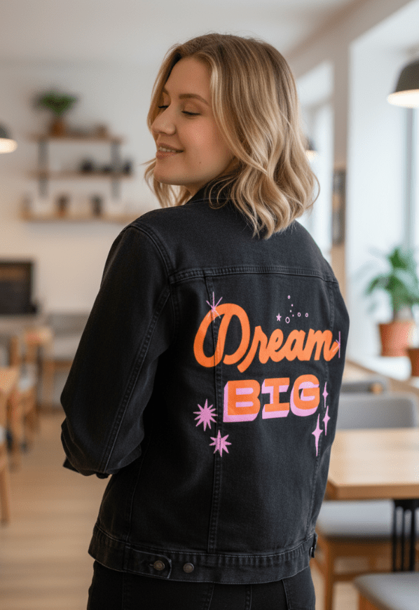 DREAM BIG by IndySign, printed on denim jackets and other denim products: tote bags, throw pillows, table place mats, aprons