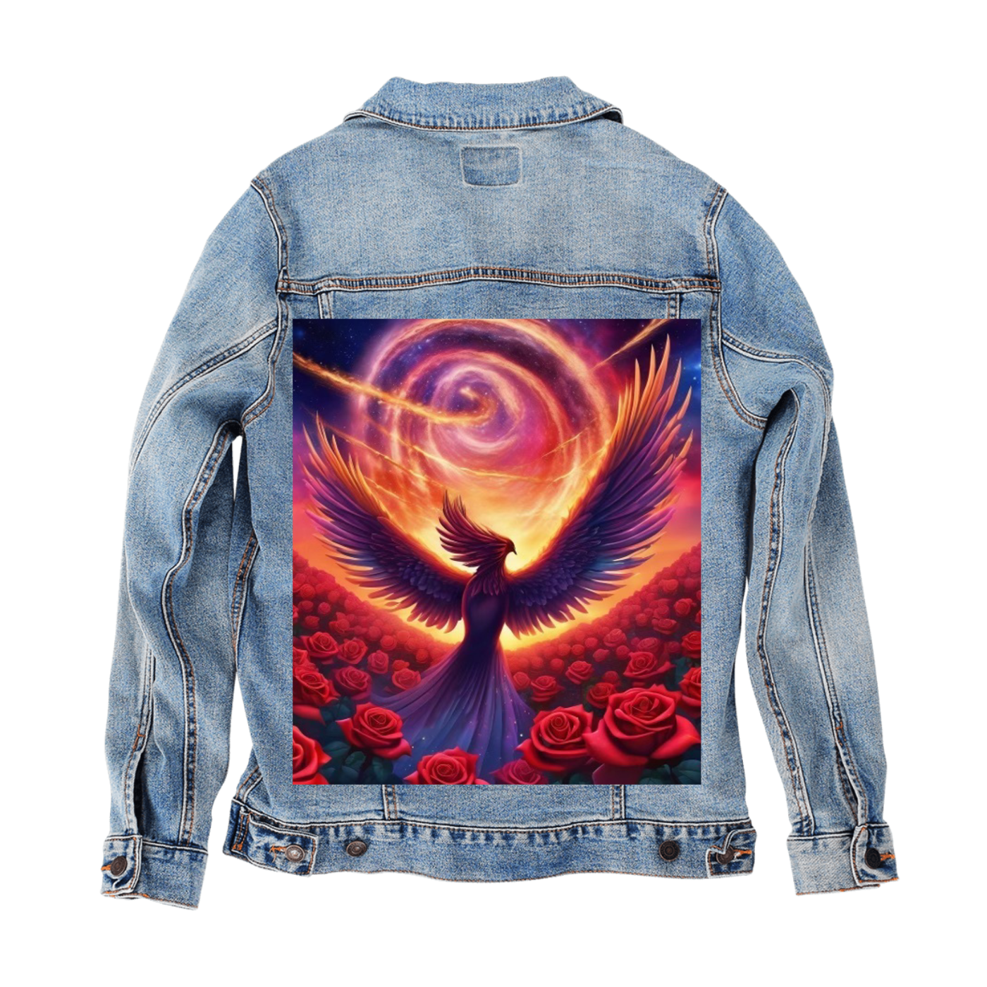 Customer Designed Custom Denim Jacket (hand-crafted) with 3 color choices of jacket: Stonewash, White, or Black. Unisex XS S M L XL 2X 3X. USA hand-crafted and USA digitally printed. Ships free within the USA & also ships Internationally.