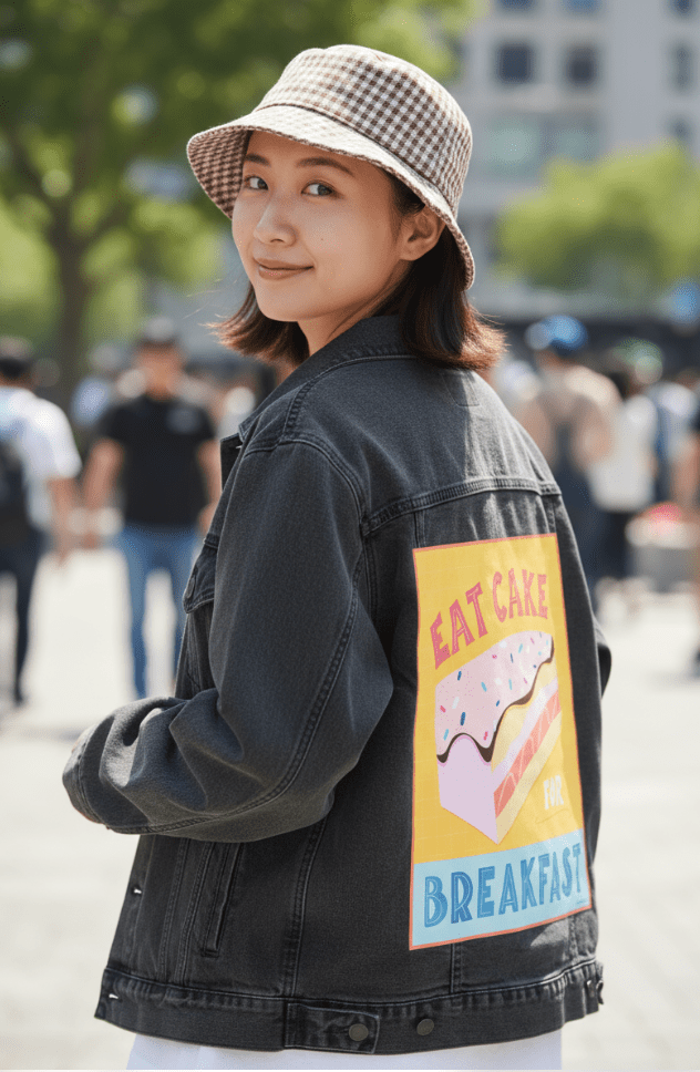 EAT CAKE FOR BREAKFAST by thearticsoul, printed on denim jackets and other denim products: tote bags, throw pillows, table place mats, aprons