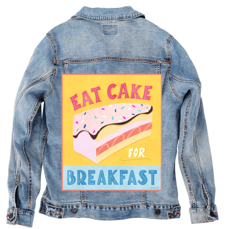 EAT CAKE FOR BREAKFAST by thearticsoul, printed on denim jackets and other denim products: tote bags, throw pillows, table place mats, aprons