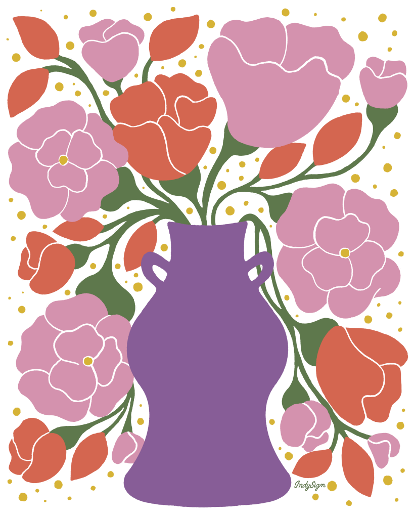 illustration of The phrase “Dream Big” written in bold, hand-lettered orange text on a black background. The word “Dream” appears in flowing script, while “BIG” is set below in thick block letters with pink shadowing. pink starbursts, sparkles, dots, and small circular accents surround the text, scattered across the background. This artwork is titled “Dream Big” and created by INDYSIGN