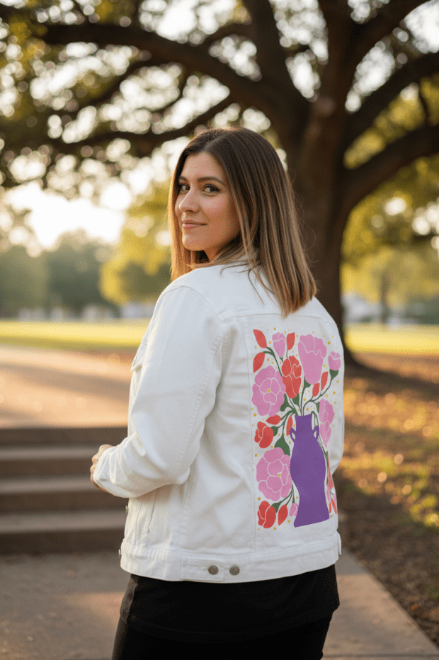 EMBER and BLUSH BOUQUET by IndySign, printed on denim jackets and other denim products: tote bags, throw pillows, table place mats, aprons