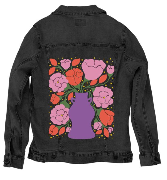 EMBER and BLUSH BOUQUET by IndySign, printed on denim jackets and other denim products: tote bags, throw pillows, table place mats, aprons