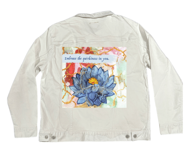 EMBRACE YOURSELF by CANVAS and QUOTATIONS,printed by DenimINK on hand - crafted Denim Jackets and other denim products and other denim products: tote bags, throw pillows, table place mats, aprons custom denim jacket by DenimINK