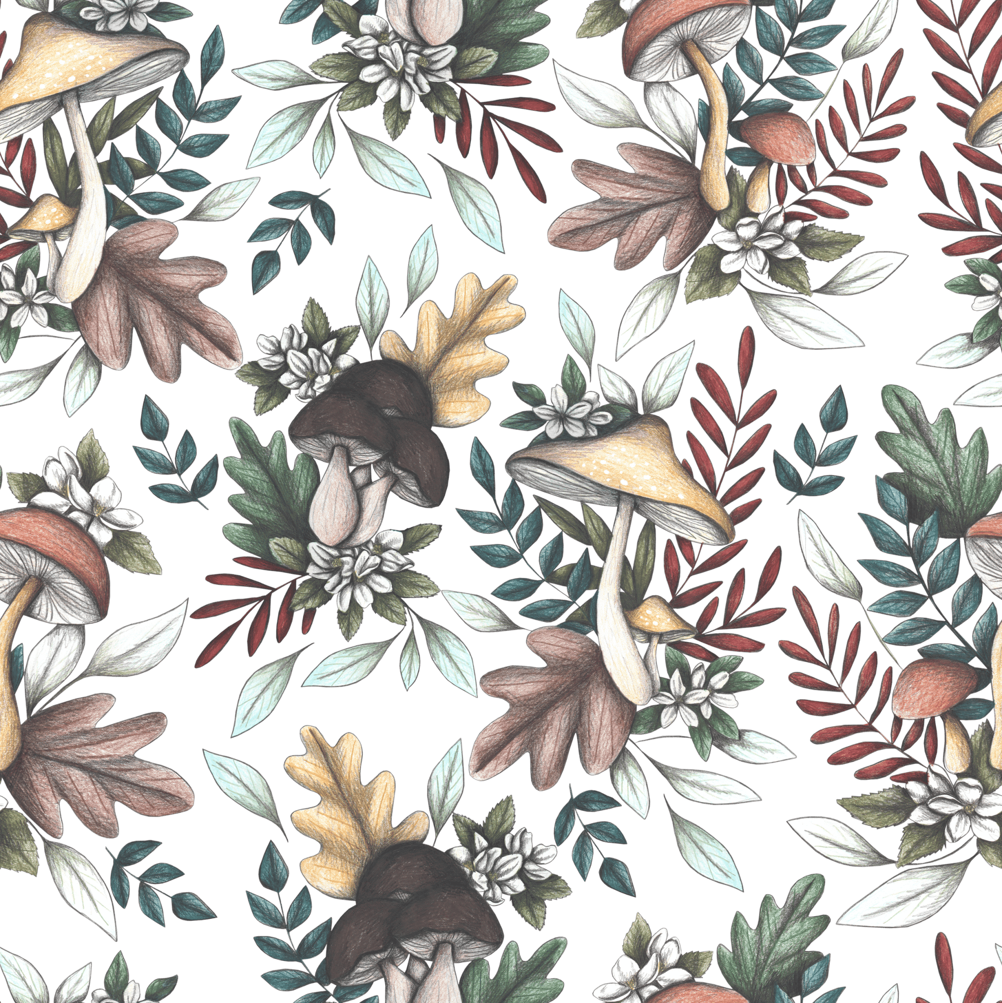 illustration of a densely layered woodland pattern filled with hand-drawn mushrooms, curling ferns, oak leaves, acorns & delicate forest flowers. each mushroom varies in shape & color—scarlet red, golden ochre, deep black—some smooth, some speckled, with thin stalks nestled among pale clover & soft moss textures. the palette blends earthy browns, sage greens, ivory, plum & slate blue, giving the entire image the feel of a quiet, misty forest floor after rain. “ENCHANTED MUSHROOMS” by Cecilia Battaini