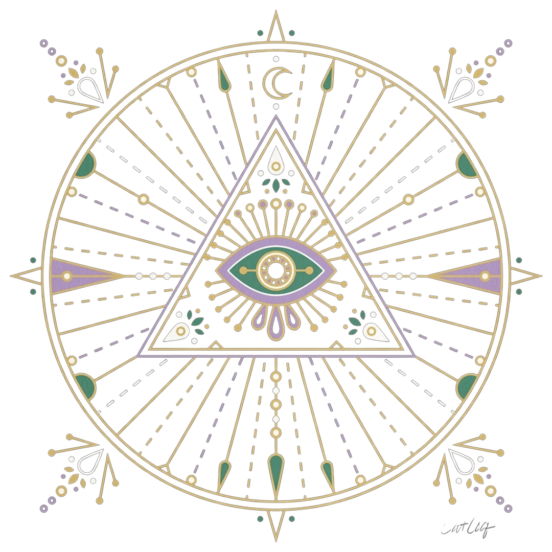 EVIL EYE MANDALA by CatCoq printed by DenimINK on hand - crafted Denim Jackets & other Denim products. 3 colors: Stonewash, White, Black. Unisex XS - 3X. USA printed custom denim jacket by DenimINK