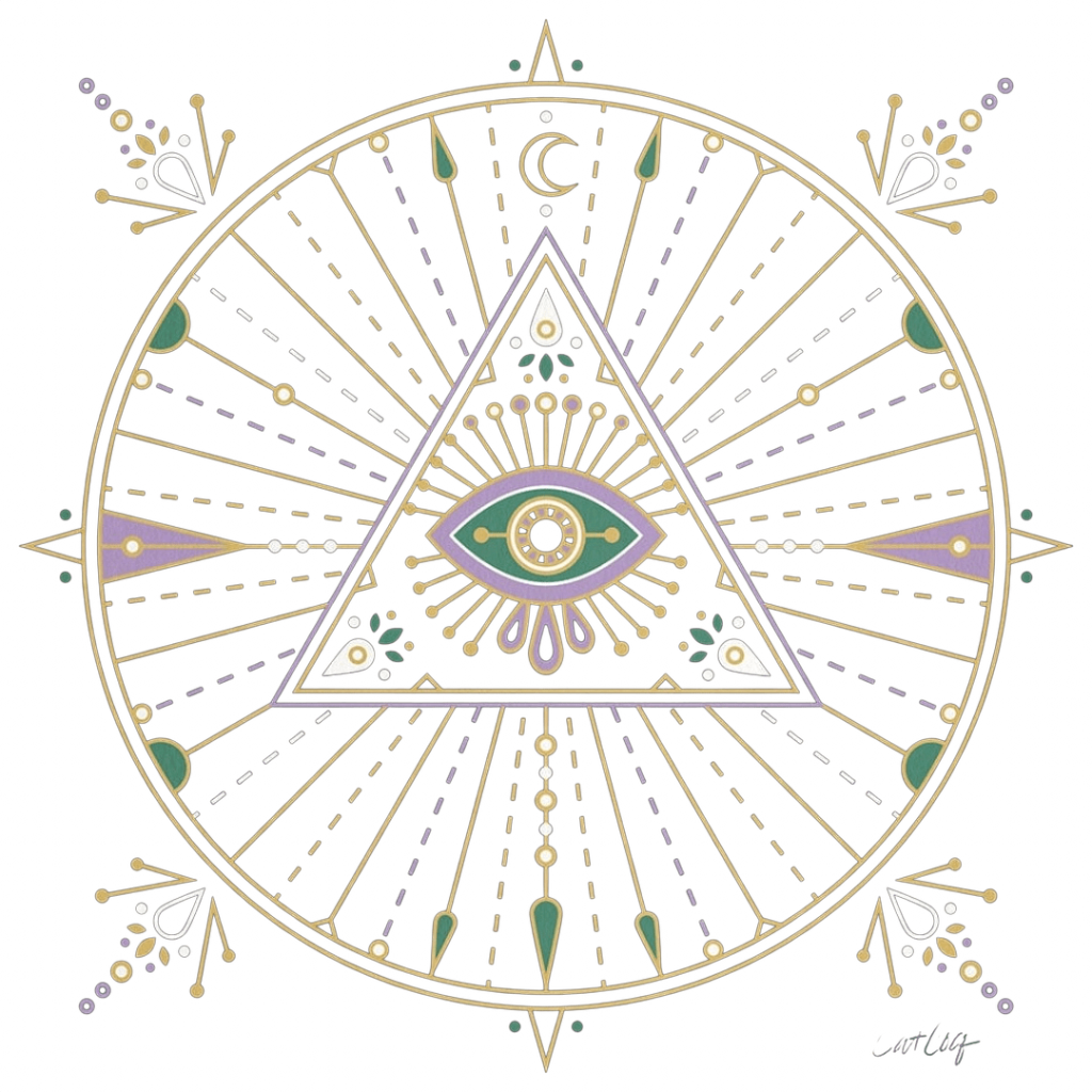 EVIL EYE MANDALA by CatCoq printed by DenimINK on hand - crafted Denim Jackets & other Denim products. 3 colors: Stonewash, White, Black. Unisex XS - 3X. USA printed custom denim jacket by DenimINK