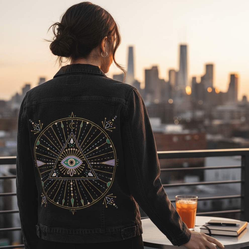 rear view of a model standing at a metal rooftop railing, facing a distant skyline under dusky skies. they wear a black denim jacket printed with the “Evil Eye Mandala” by CatCoq, featuring a golden triangle eye design surrounded by a circular celestial mandala in mint, violet & ivory accents. an orange drink & black journal sit on the table beside them. warm dusk light glows across the cityscape. printed by DenimINK.