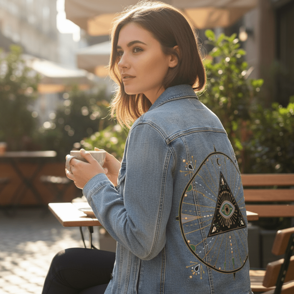 three-quarter rear view of a model seated at a cobblestone café patio, holding a ceramic teacup with both hands. they wear a stonewashed denim jacket printed with the “Evil Eye Mandala” by CatCoq. the artwork shows a triangle with an all-seeing eye, surrounded by a radial mandala in gold, mint & violet linework. sunlight filters through potted greenery & cafe umbrellas. the jacket is digitally printed by DenimINK.