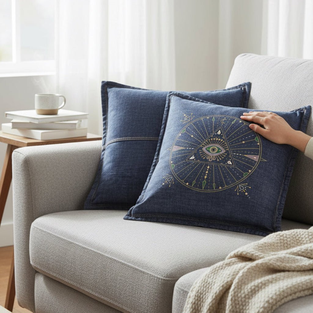 Person arranging decorative pillows on a gray sofa in a bright living room. evil-eye-mandala-catcoq-throw-pillow-WIDE-lifestyle-shot