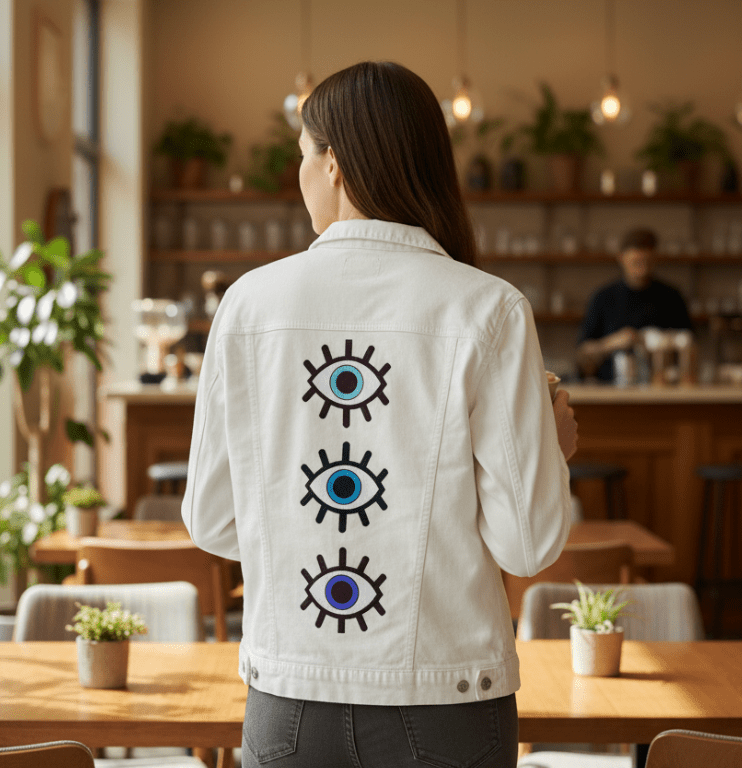 EYES ON YOU by HEND SHEHATA, printed on denim jackets and other denim products: tote bags, throw pillows, table place mats, aprons