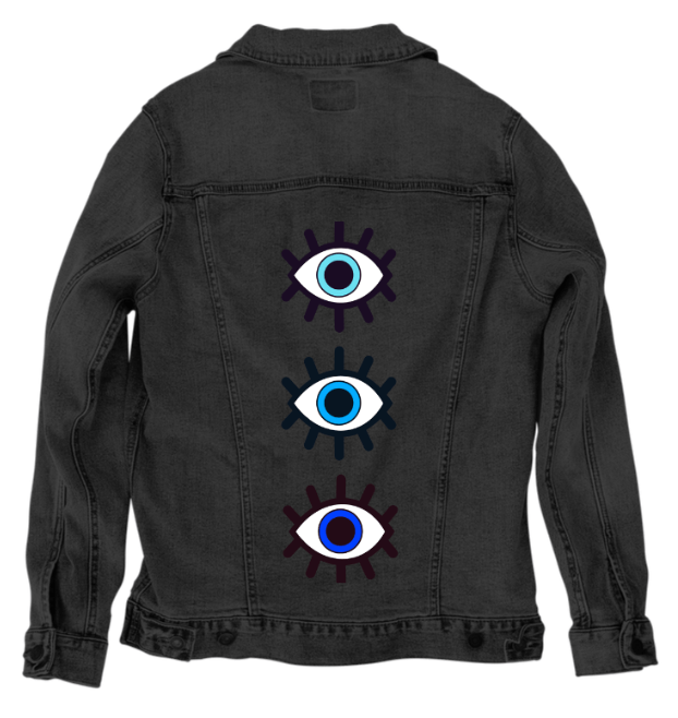 EYES ON YOU by HEND SHEHATA, printed on denim jackets and other denim products: tote bags, throw pillows, table place mats, aprons