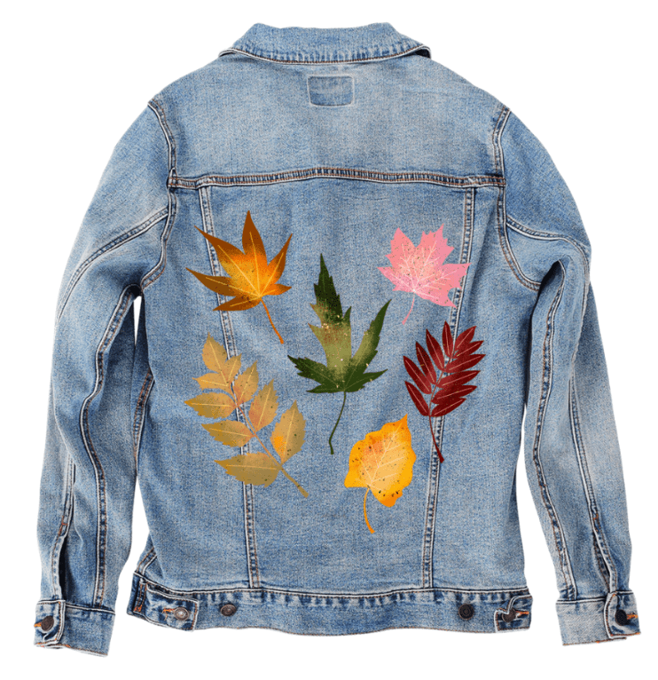 FALL LEAVES by thearticsoul,printed by DenimINK on hand-crafted Denim Jackets and other denim products and other denim products: tote bags, throw pillows, table place mats, aprons