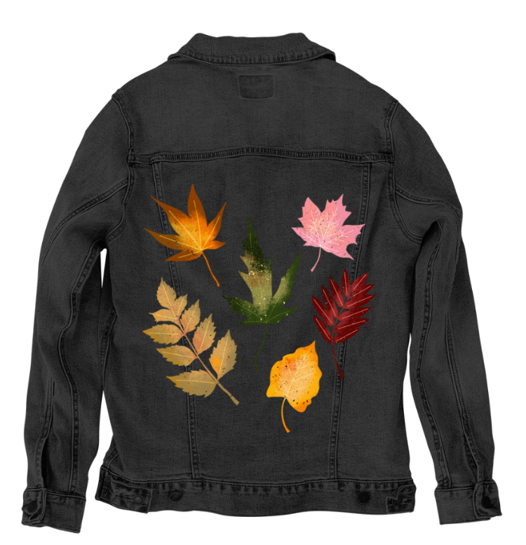 FALL LEAVES by thearticsoul,printed by DenimINK on hand-crafted Denim Jackets and other denim products and other denim products: tote bags, throw pillows, table place mats, aprons