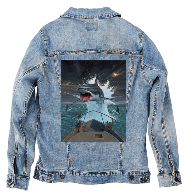 FISH OUT OF WATER by VINCENT HIE, printed on denim jackets and other denim products: tote bags, throw pillows, table place mats, aprons