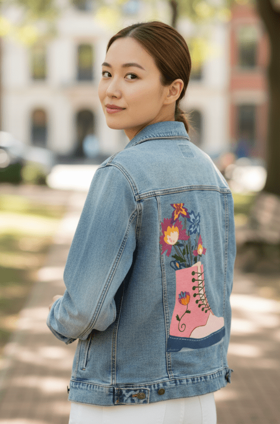 FLORAL BOOTS by thearticsoul,printed by DenimINK on hand-crafted Denim Jackets and other denim products and other denim products: tote bags, throw pillows, table place mats, aprons