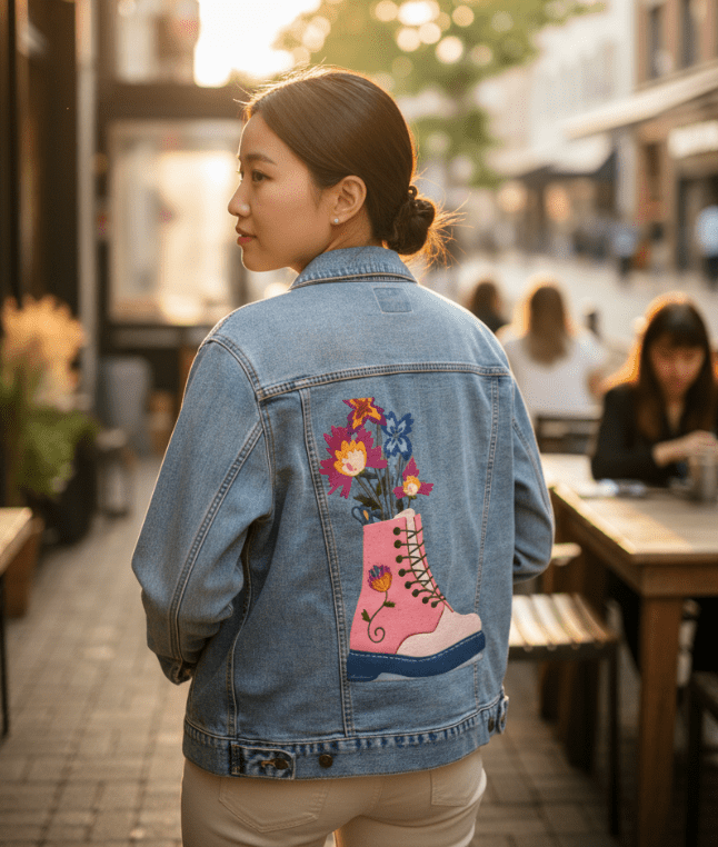 FLORAL BOOTS by thearticsoul,printed by DenimINK on hand-crafted Denim Jackets and other denim products and other denim products: tote bags, throw pillows, table place mats, aprons