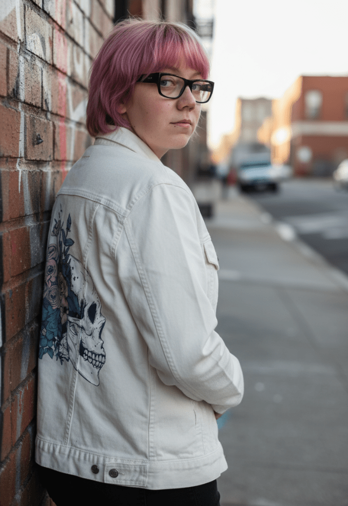 FLORAL SKULL BEAUTY by JESS ADAMS, digitally printed on DENIM products: throw pillows, aprons, table place mats, and hand-crafted Unisex Denim Jackets in 3 color choices