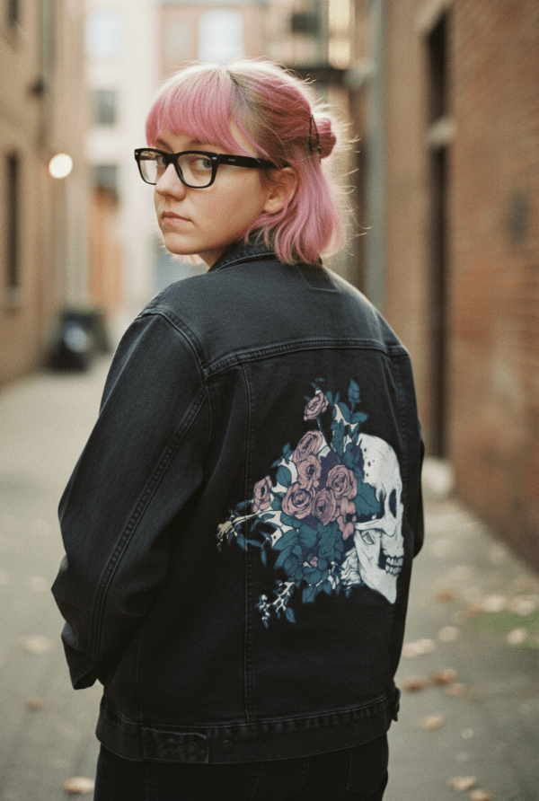 FLORAL SKULL BEAUTY by JESS ADAMS, digitally printed on DENIM products: throw pillows, aprons, table place mats, and hand-crafted Unisex Denim Jackets in 3 color choices