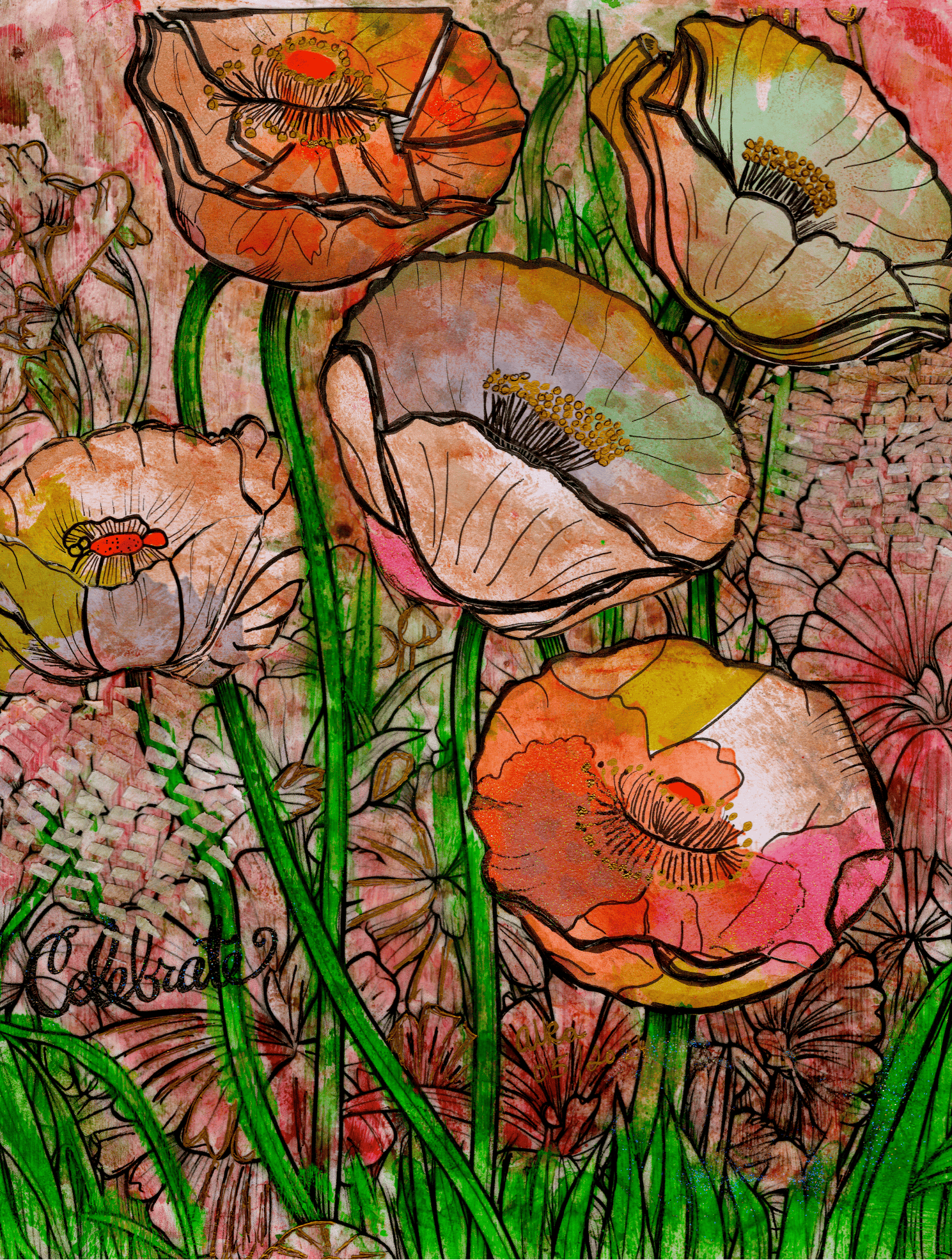 illustration of a vibrant garden of poppy-style flowers in shades of orange, cream, pink, and gold, outlined with sketch-like black lines and layered over a textured mixed-media background of reds, greens, and earthy tones. tall green stems and overlapping blossoms fill the composition. this artwork is titled “Flower Garden” and created by Canvas & Quotations (Monika Chugh and Alka Chopra)
