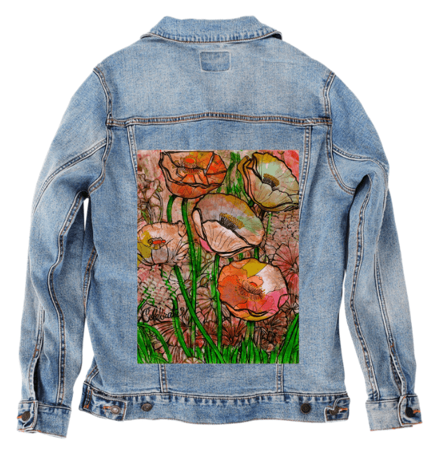 FLOWER GARDEN by CANVAS and QUOTATIONS, printed on denim jackets and other denim products: tote bags, throw pillows, table place mats, aprons custom denim jacket by DenimINK