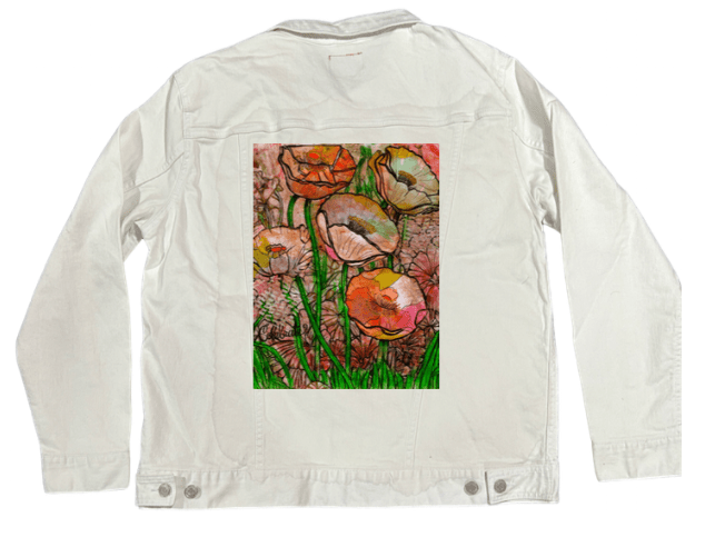 FLOWER GARDEN by CANVAS and QUOTATIONS, printed on denim jackets and other denim products: tote bags, throw pillows, table place mats, aprons custom denim jacket by DenimINK