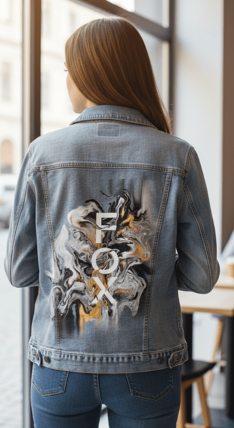 FOX BW GOLD by RaMir DESIGNS,printed by DenimINK on hand-crafted Denim Jackets and other denim products and other denim products: tote bags, throw pillows, table place mats, aprons