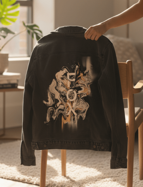FOX BW GOLD by RaMir DESIGNS,printed by DenimINK on hand-crafted Denim Jackets and other denim products and other denim products: tote bags, throw pillows, table place mats, aprons