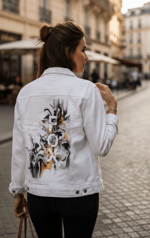 FOX BW GOLD by RaMir DESIGNS,printed by DenimINK on hand-crafted Denim Jackets and other denim products and other denim products: tote bags, throw pillows, table place mats, aprons