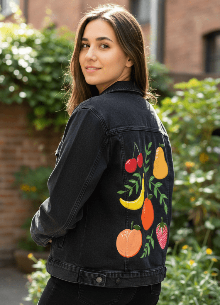 FRUIT GARDEN by HEND SHEHATA,printed by DenimINK on hand-crafted Denim Jackets and other denim products and other denim products: tote bags, throw pillows, table place mats, aprons