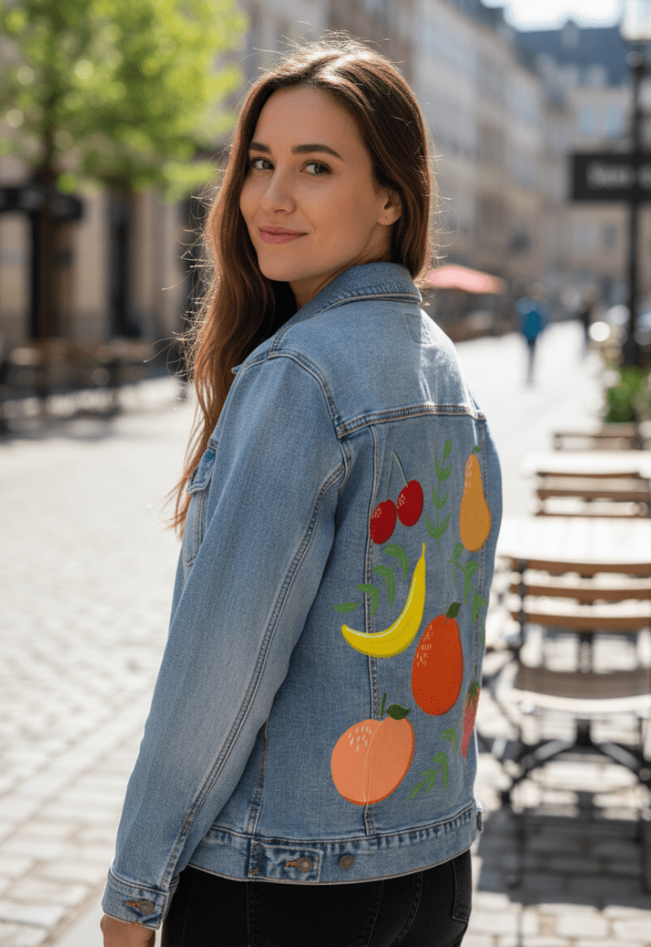 FRUIT GARDEN by HEND SHEHATA,printed by DenimINK on hand-crafted Denim Jackets and other denim products and other denim products: tote bags, throw pillows, table place mats, aprons
