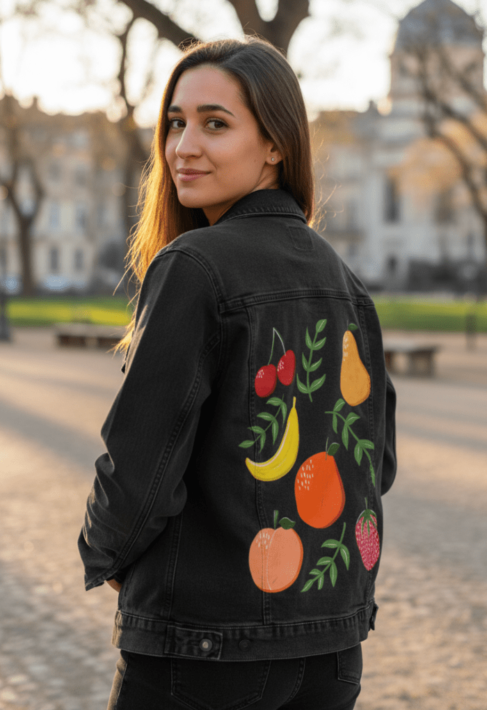 FRUIT GARDEN by HEND SHEHATA,printed by DenimINK on hand-crafted Denim Jackets and other denim products and other denim products: tote bags, throw pillows, table place mats, aprons
