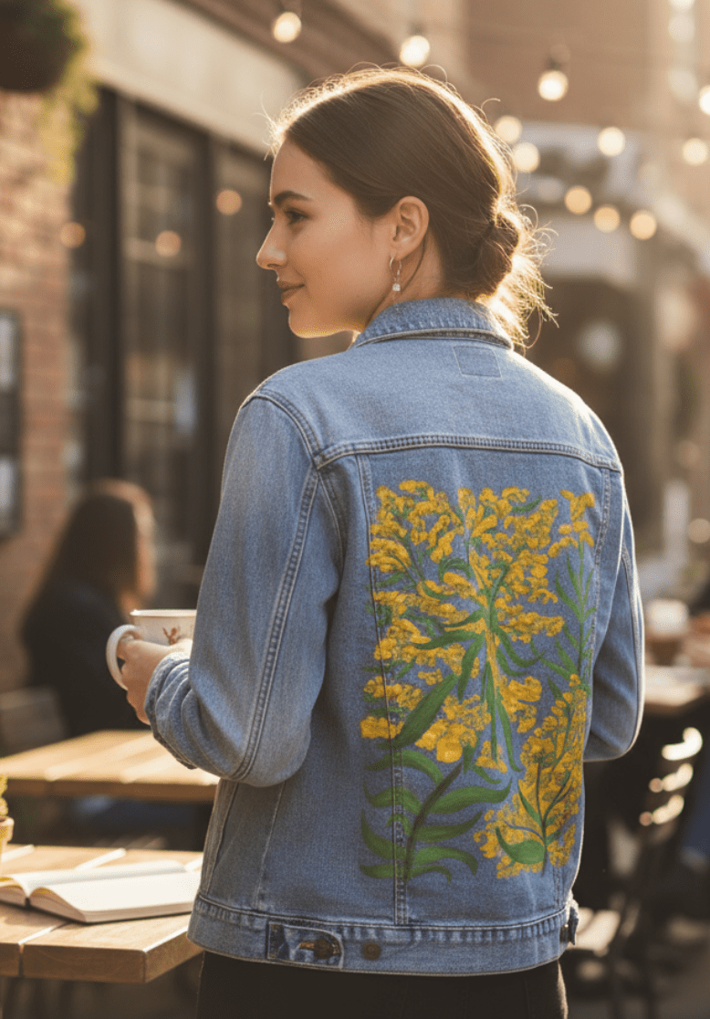 GOLDENROD by KITSCH AND CURATE, printed on denim jackets and other denim products: tote bags, throw pillows, table place mats, aprons