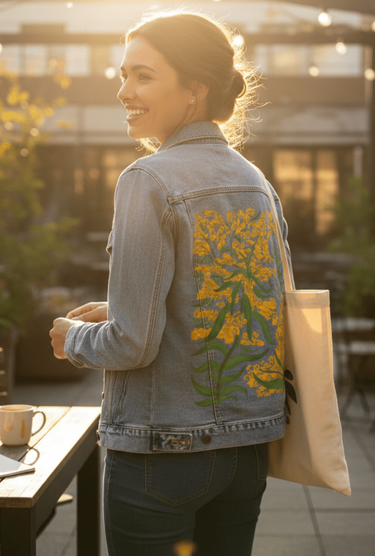 GOLDENROD by KITSCH AND CURATE, printed on denim jackets and other denim products: tote bags, throw pillows, table place mats, aprons
