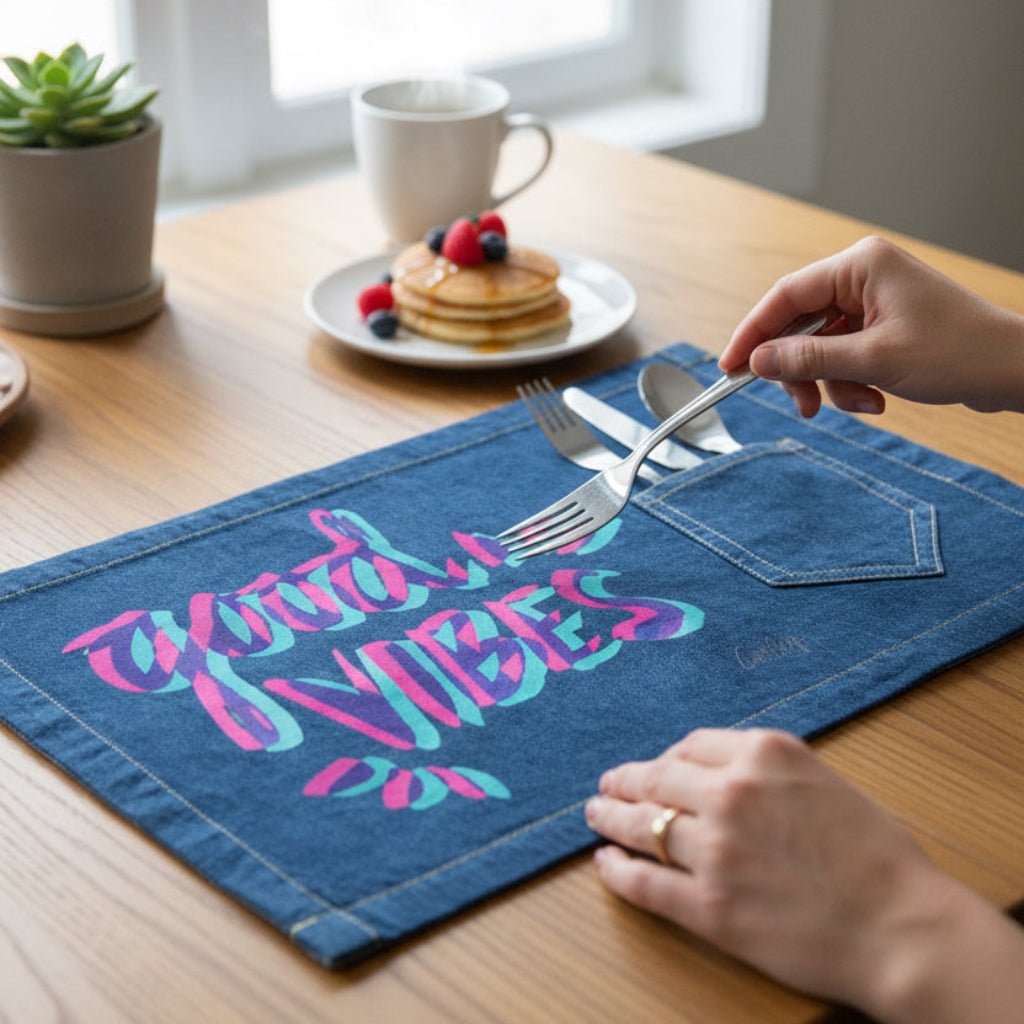 Denim placemat with 'Good Vibes' text on a wooden table with a cup and pancakes. good-vibes-by-catcoq-denim-table-placemat-lifestyle-shot-ver2