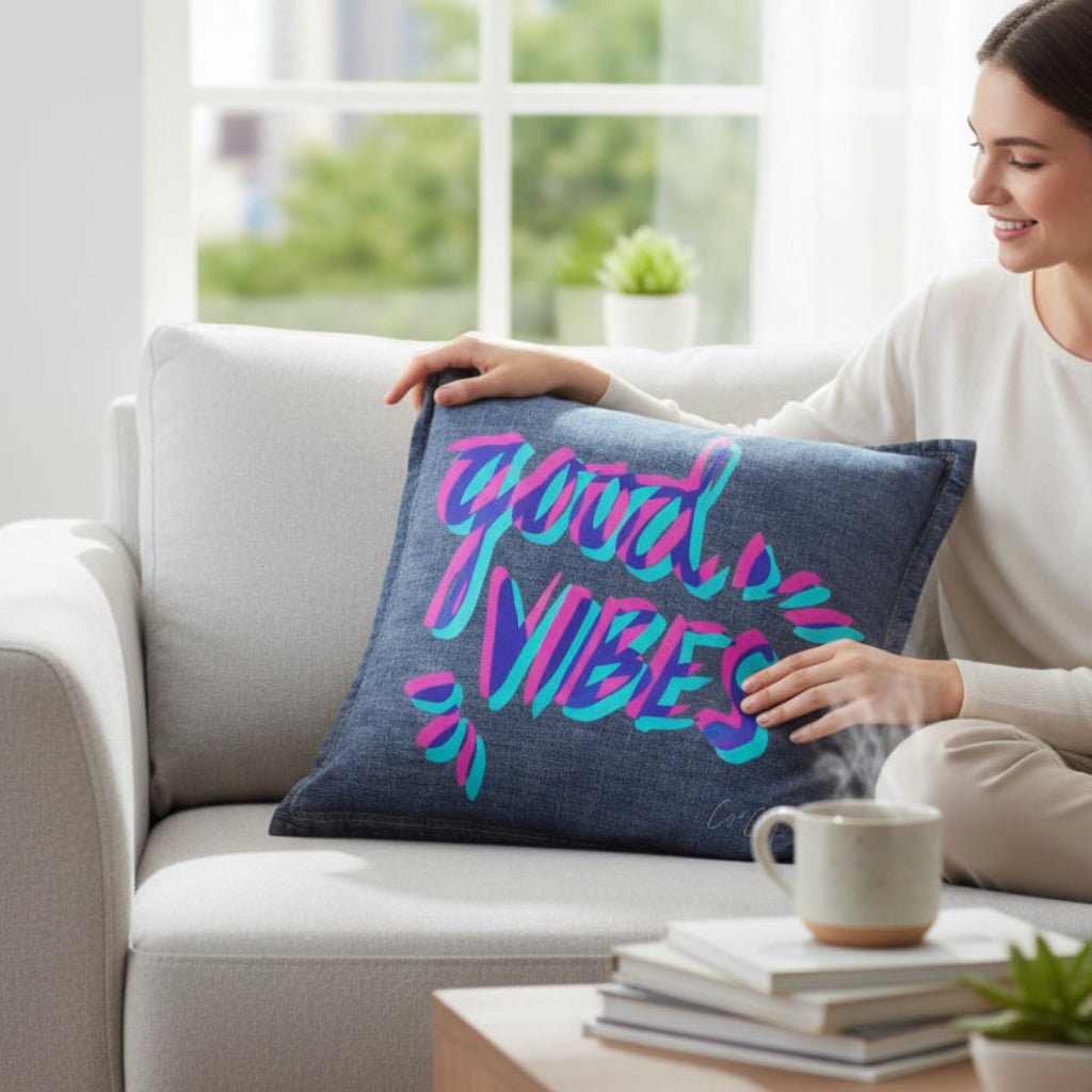 Woman holding a pillow with 'Good Vibes' text in a bright living room. good-vibes-by-catcoq-throw-pillow-lifestyle-shot