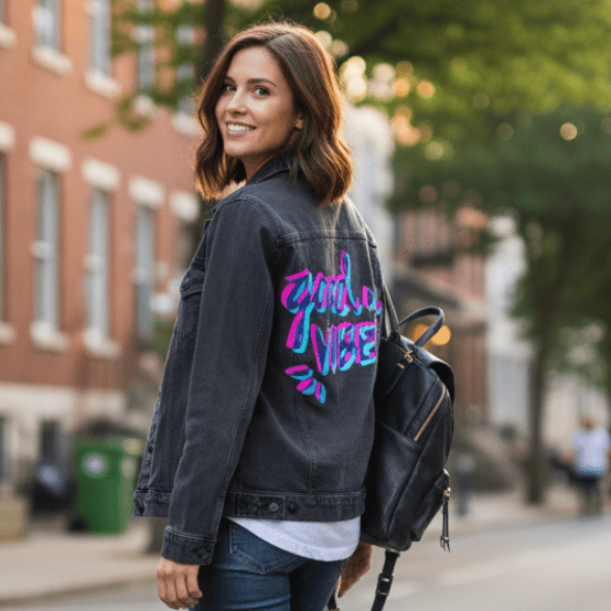 three-quarter view of a model walking on a tree-lined brick street during daytime while smiling and wearing a black denim jacket featuring the “Good Vibes” artwork by CatCoq. the colorful brush lettering in fuchsia, blue, and teal contrasts vividly with the black fabric. the design is digitally printed by DenimINK