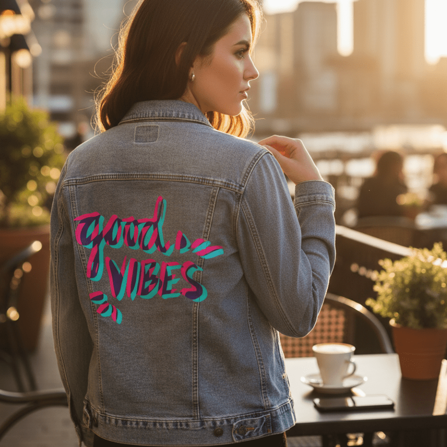 back view of a model standing at a cafe patio during sunset, turning slightly while holding the collar of a stonewashed denim jacket featuring the artwork “Good Vibes” by CatCoq. the jacket’s back panel displays hand-painted brush lettering in pink, teal, and blue with expressive accents. the artwork is digitally printed on the denim by DenimINK.