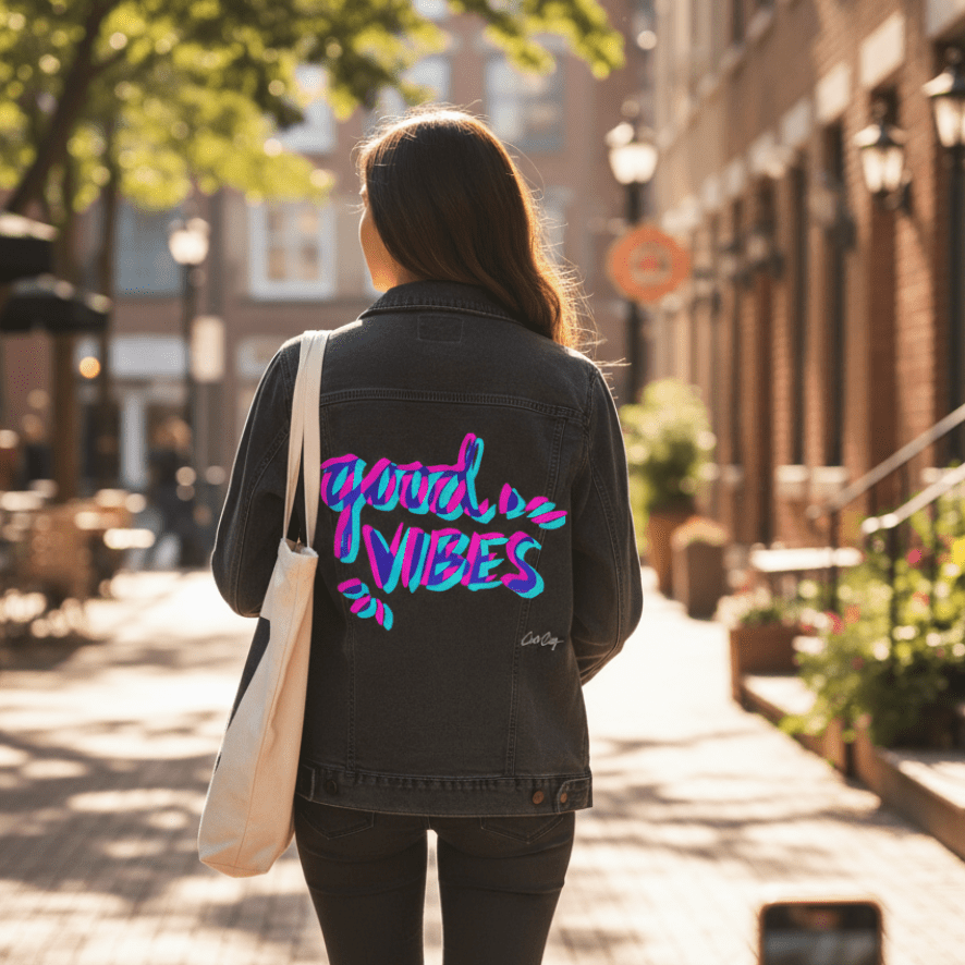 back view of a model walking through a sunlit urban street wearing a stonewashed denim jacket featuring the artwork “Good Vibes” by CatCoq. the layered pink, teal, and blue brush lettering appears centered on the back and is digitally printed by DenimINK.