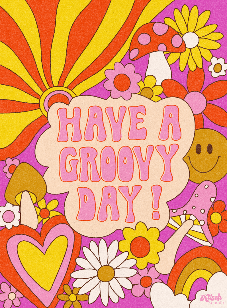 GROOVY DAY PINK by KITSCH AND CURATE, printed on denim jackets and other denim products: tote bags, throw pillows, table place mats, aprons