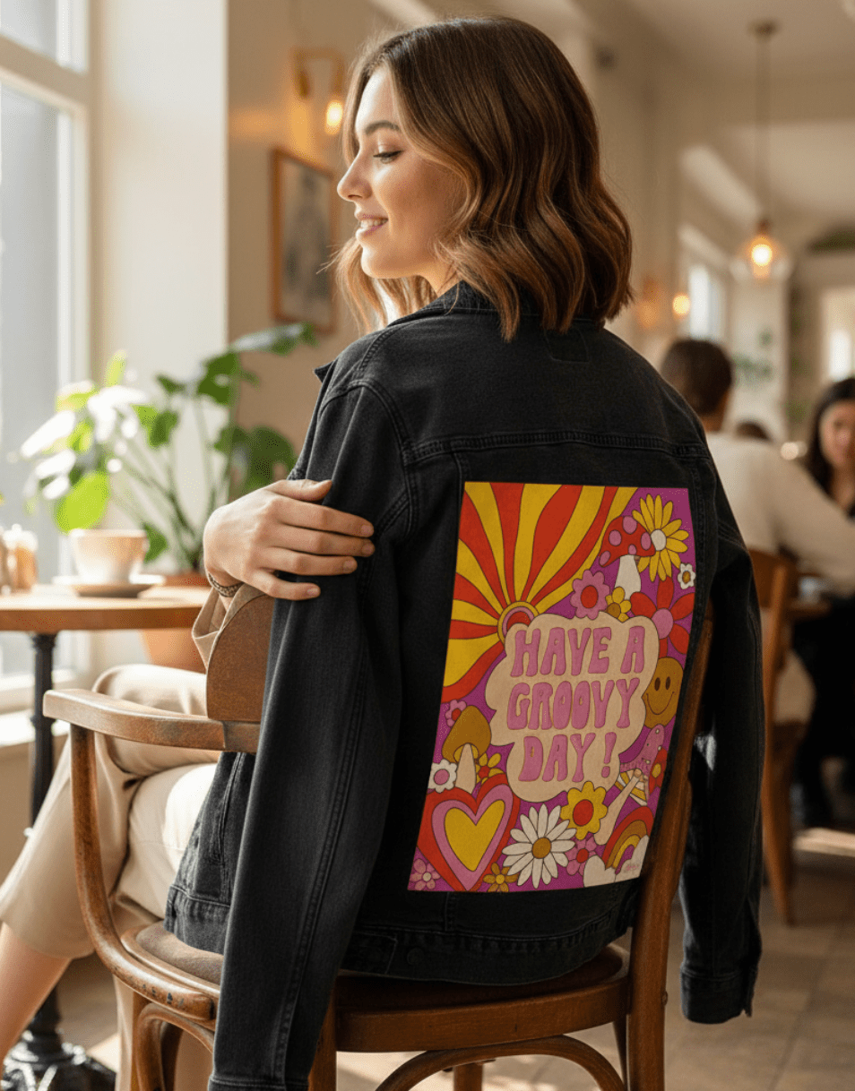 GROOVY DAY PINK by KITSCH AND CURATE, printed on denim jackets and other denim products: tote bags, throw pillows, table place mats, aprons
