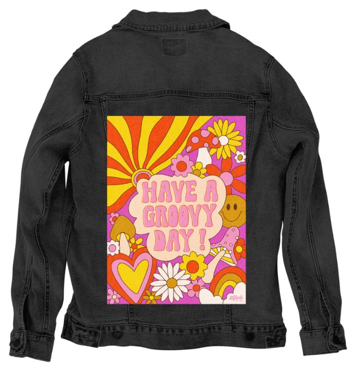 GROOVY DAY PINK by KITSCH AND CURATE, printed on denim jackets and other denim products: tote bags, throw pillows, table place mats, aprons
