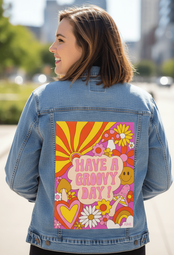 GROOVY DAY PINK by KITSCH AND CURATE, printed on denim jackets and other denim products: tote bags, throw pillows, table place mats, aprons