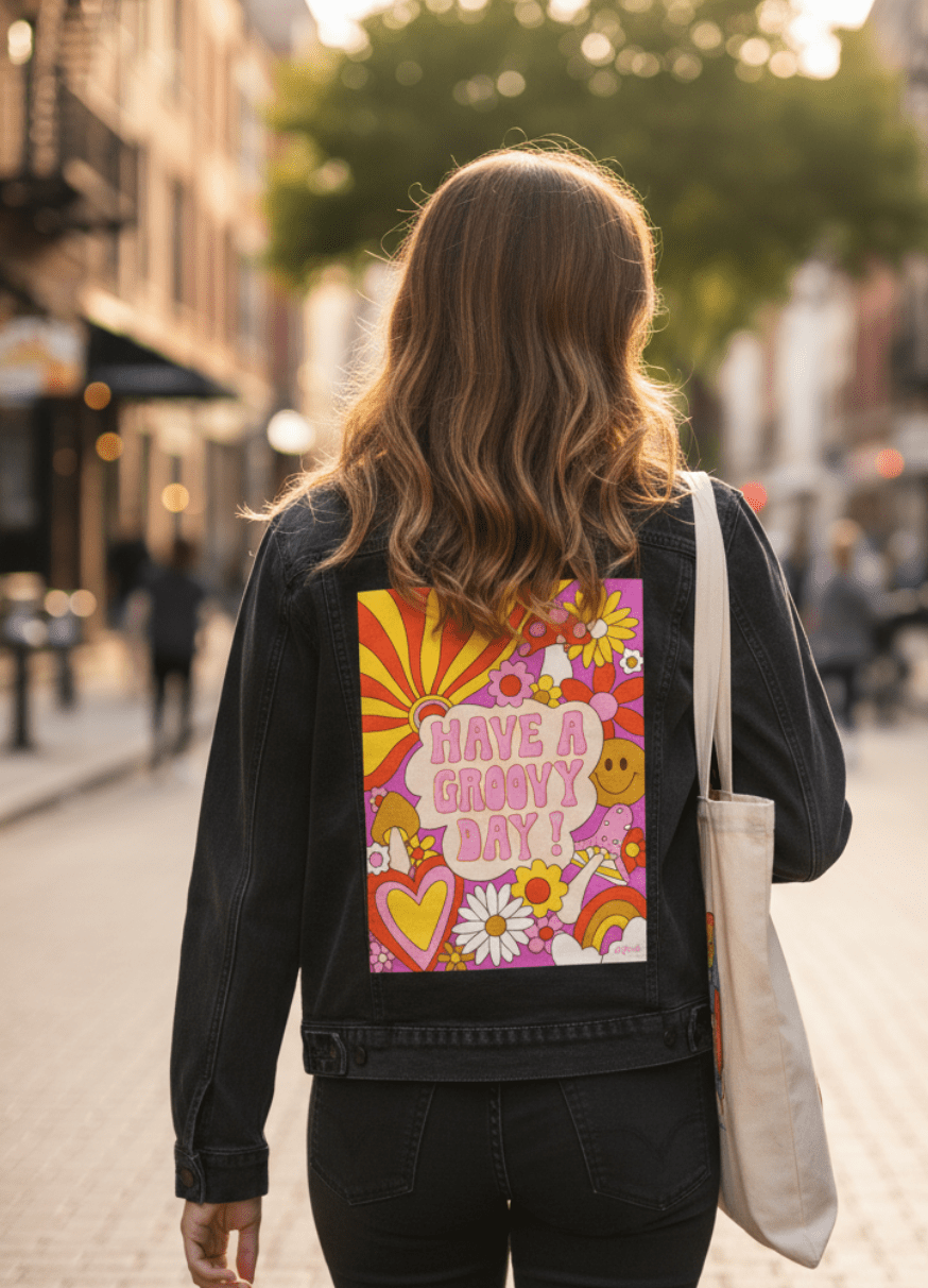GROOVY DAY PINK by KITSCH AND CURATE, printed on denim jackets and other denim products: tote bags, throw pillows, table place mats, aprons