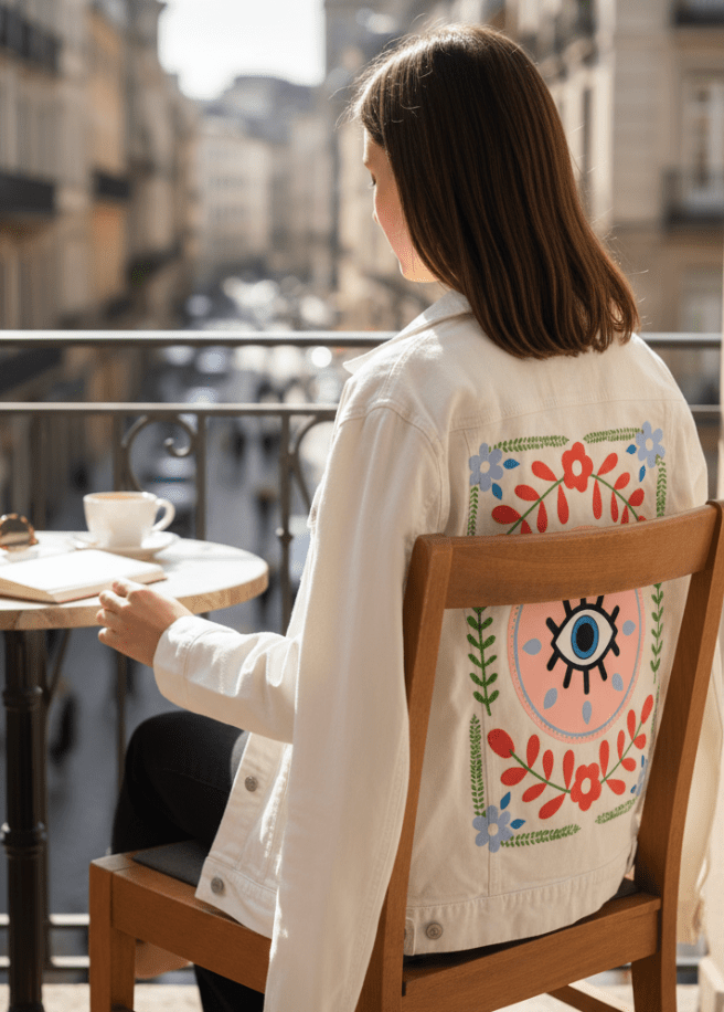 GUARDED by HEND SHEHATA, printed on denim jackets and other denim products: tote bags, throw pillows, table place mats, aprons