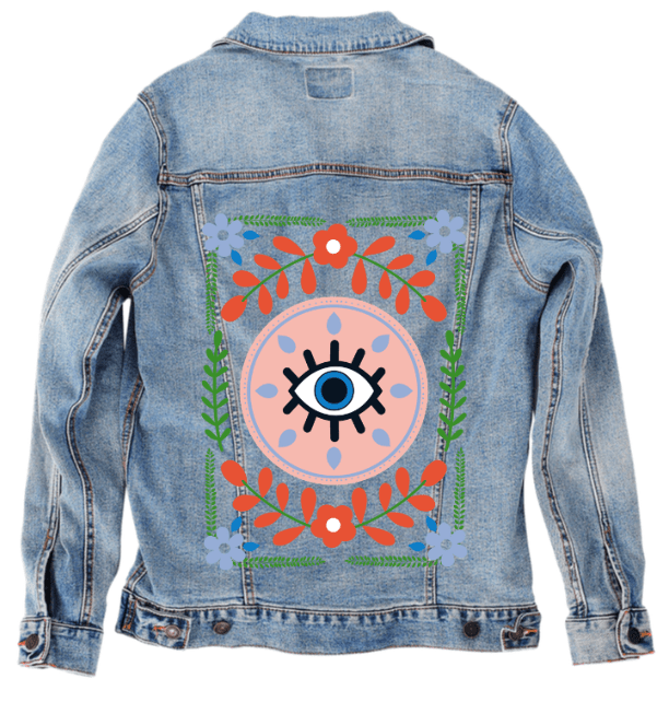 GUARDED by HEND SHEHATA, printed on denim jackets and other denim products: tote bags, throw pillows, table place mats, aprons
