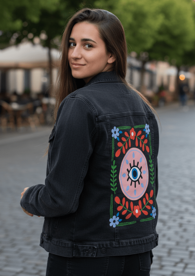 GUARDED by HEND SHEHATA, printed on denim jackets and other denim products: tote bags, throw pillows, table place mats, aprons