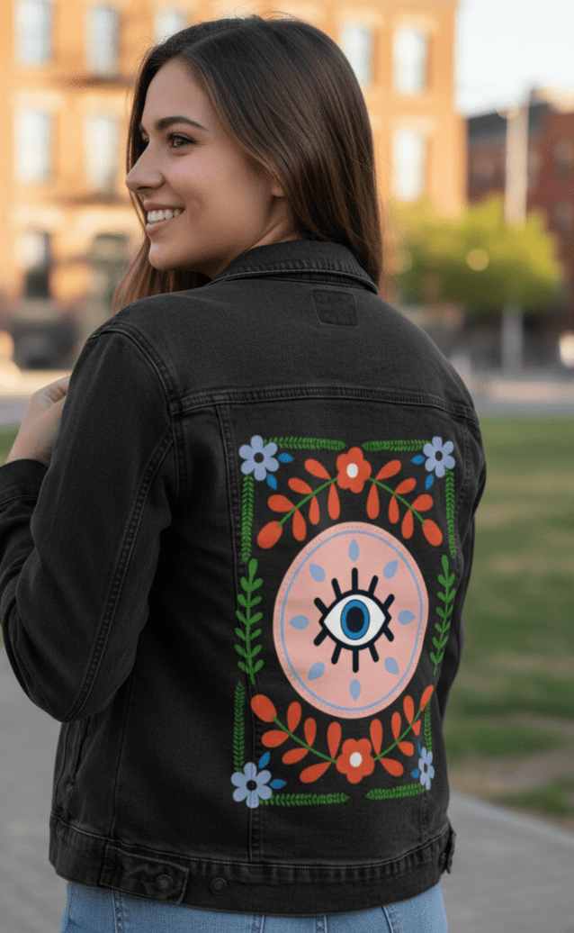 GUARDED by HEND SHEHATA, printed on denim jackets and other denim products: tote bags, throw pillows, table place mats, aprons